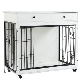 Dog Crate Furniture, Wooden Dog Crate End Table, 38.4 Inch Dog Kennel with 2 Drawers Storage, Heavy Duty Dog Crate